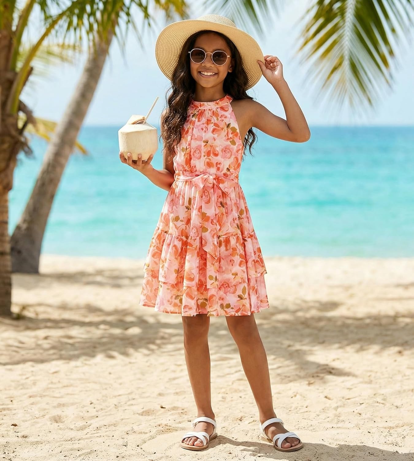 GRACE KARIN Girls Summer Beach Dress Floral Hawaiian Halter Chiffon Party Wedding Vacation Sundress 7-14Y - Image 5