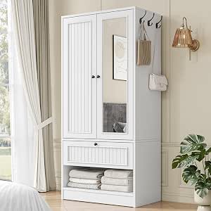 Feonase Armoire Wardrobe Cabinet with Mirror and Drawer, 70 inches, White