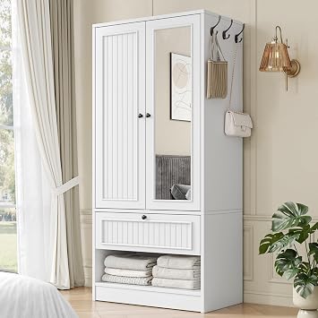 Feonase Armoire Wardrobe Cabinet with Mirror and Drawer, 70" 2-Door Wooden Closet Organizer for Bedroom Storage, White