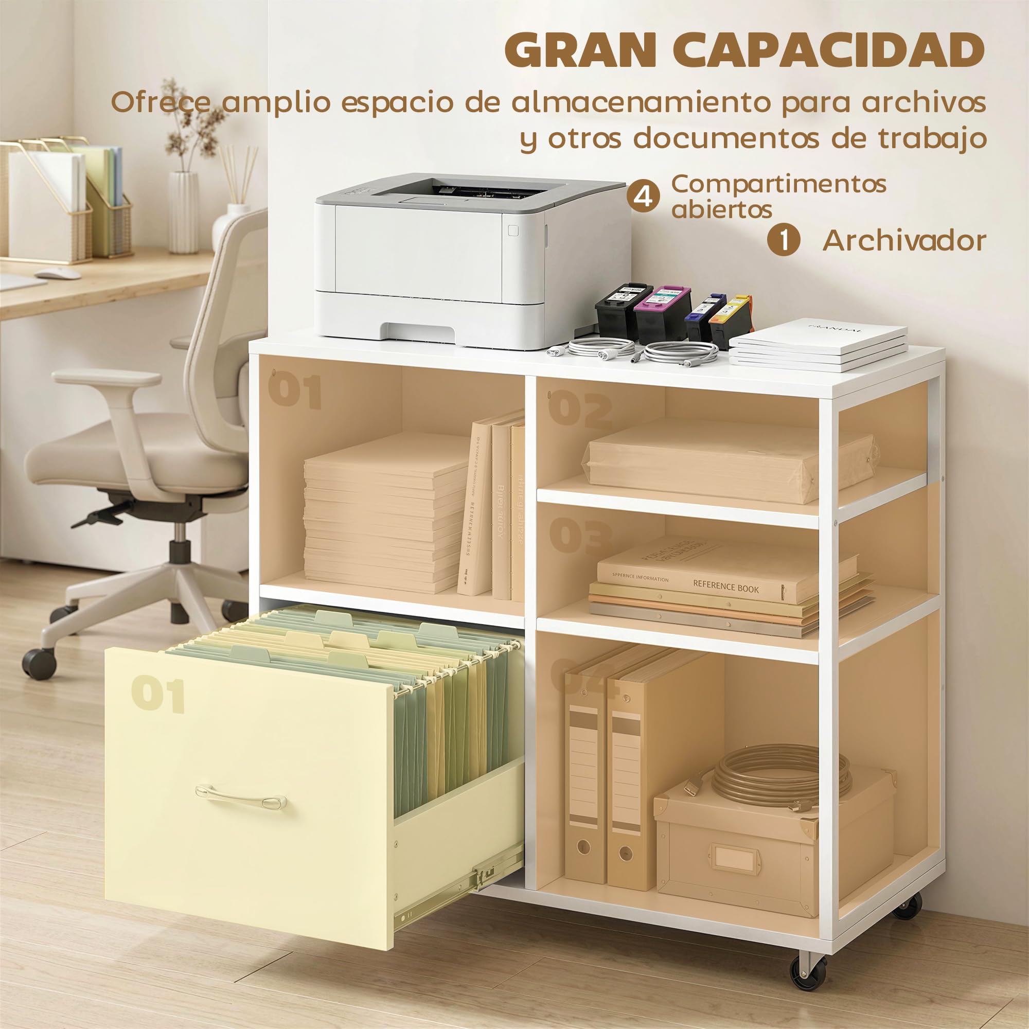 HOMCOM Mueble para Impresora con Ruedas, Mesa para Impresora con Estantes Abiertos y Cajón para Documentos Tamaño A4 y Carta, Archivador Móvil para Oficina en Casa, Blanco