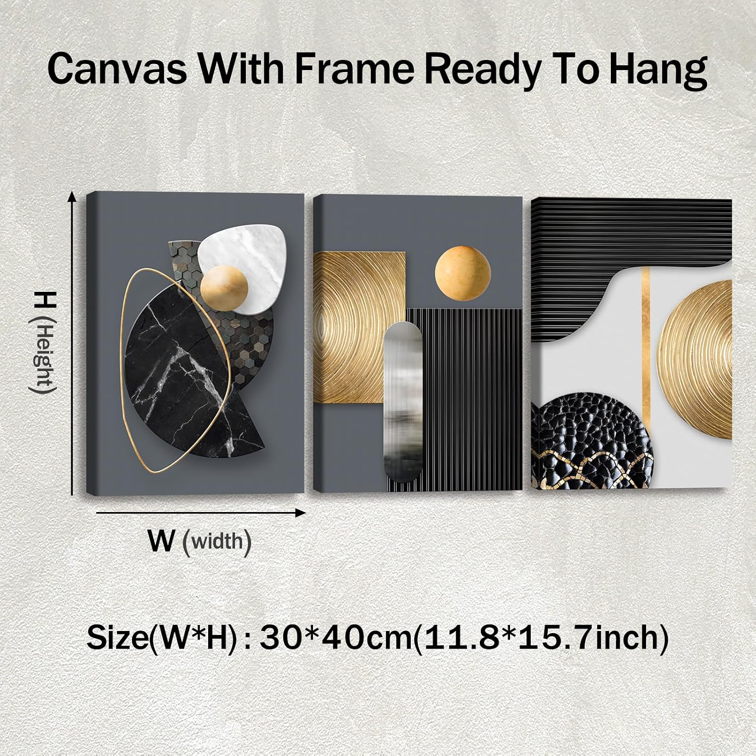 Pennimor 3Pc Black Gold Geometric Texture Framed Canvas Wall Art, 12x16in image 5