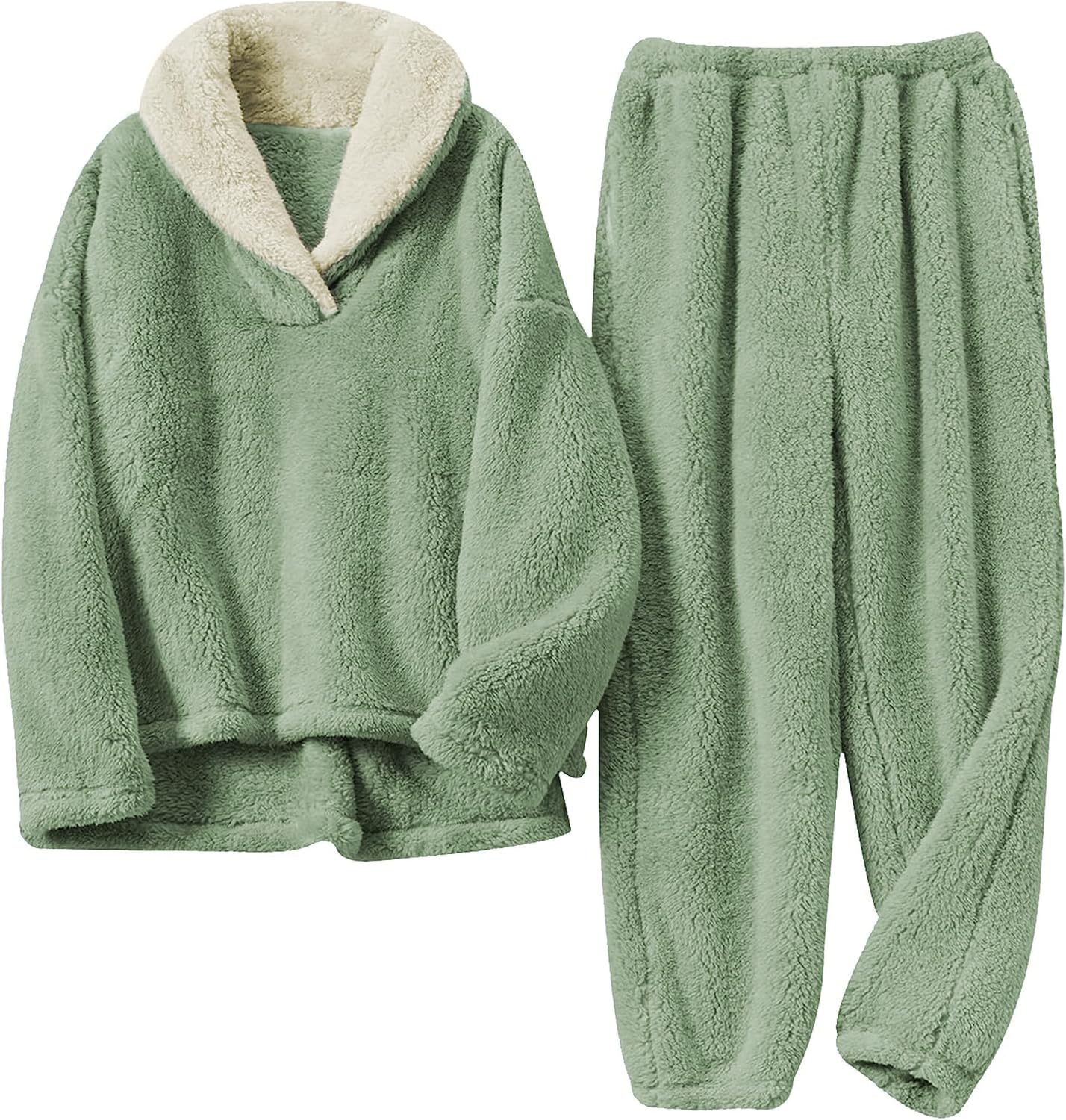 Springrain Fluffy Pajamas Set for Women Warm Fleece Pjs Set Pullover Pants Fuzzy Lounge Set