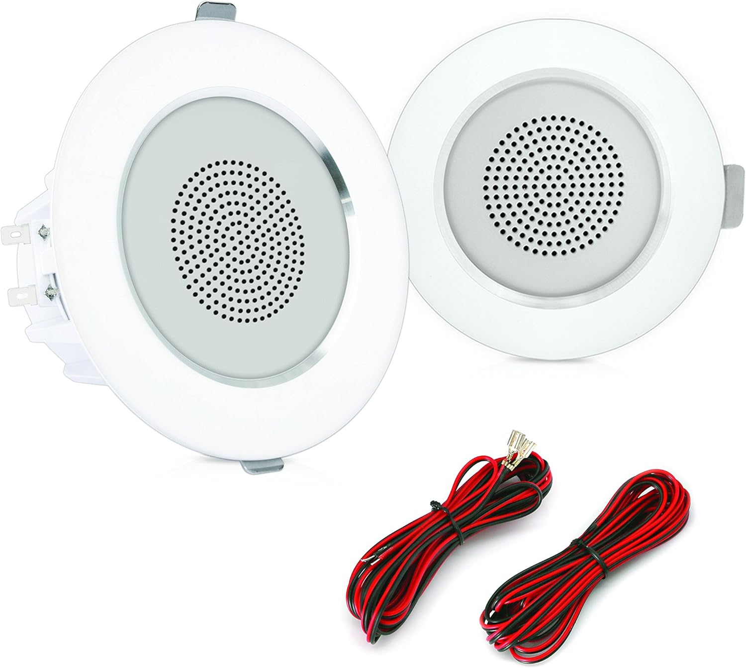 Pair of Pyle PDIC4 speakers shown with the included red and black speaker connection wires.