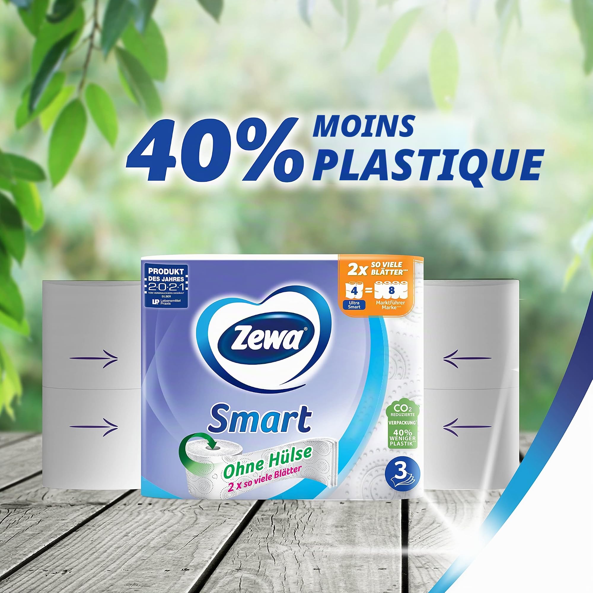 Zewa Smart Lot de 48 rouleaux de papier toilette sans douille 6 x 8 x 300 feuilles