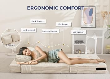 MAXYOYO Folding Sofa Bed, Tri-Fold Mattress 15cm for Guest, Corduroy Fabric | Tri-Fold Mattress with 2 Pillows, Convertible Sofa Chair Futon Z Bed with 15cm Thincken Foam, Portable 3 in 1 Floor Couch