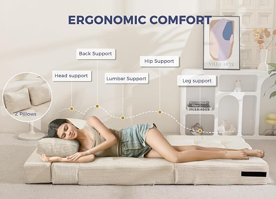 MAXYOYO Folding Sofa Bed, Tri-Fold Mattress 15cm for Guest, Corduroy Fabric | Tri-Fold Mattress with 2 Pillows, Convertible Sofa Chair Futon Z Bed with 15cm Thincken Foam, Portable 3 in 1 Floor Couch