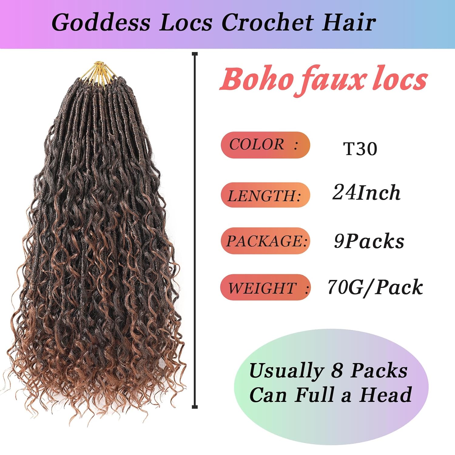9 Packs Crochet Hair 24Inch Goddess Locs with Curly Ends Long Bohemian River Pre Looped Crochet Hair for Black Women(24inch,1B/30)