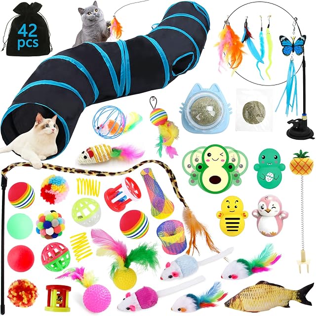 YUTUY Juguetes para Gatos, 42 Piezas Set de Juguetes con Túnel ,Palo Divertido,Ratones,Hierba…