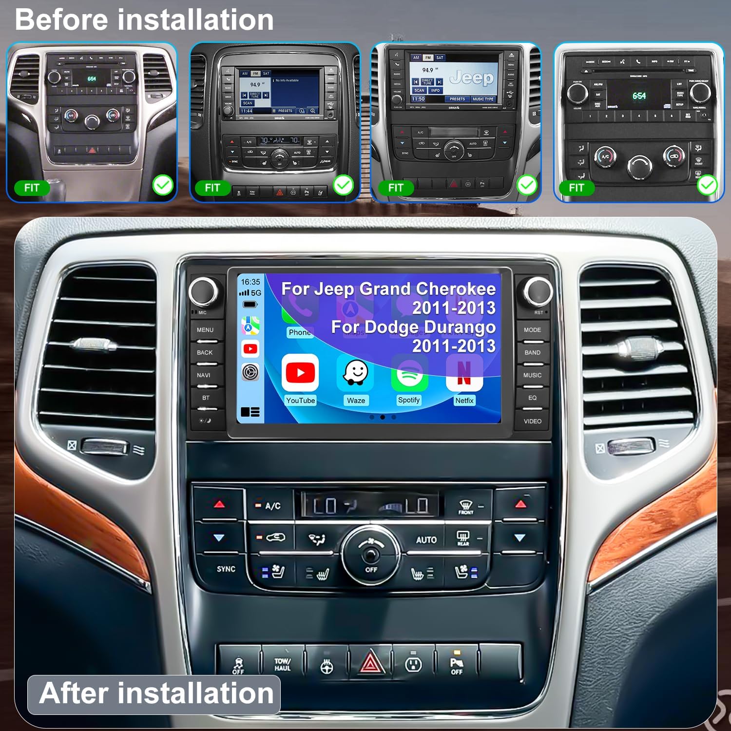 Upgrade Car Radio for Jeep Grand Cherokee 2011-2013, Dodge Durango 2011-2013, 7 Inch Android 13 Touch Screen Headunit Stereo with Wireless Carplay Android Auto Bluetooth GPS WiFi FM SWC Backup Camera