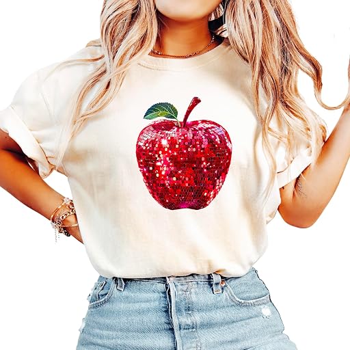 Olive Loves Apple Red Disco Apple Shirt for Women & Teens Faux Glitter Apple Tee for Teachers and Students