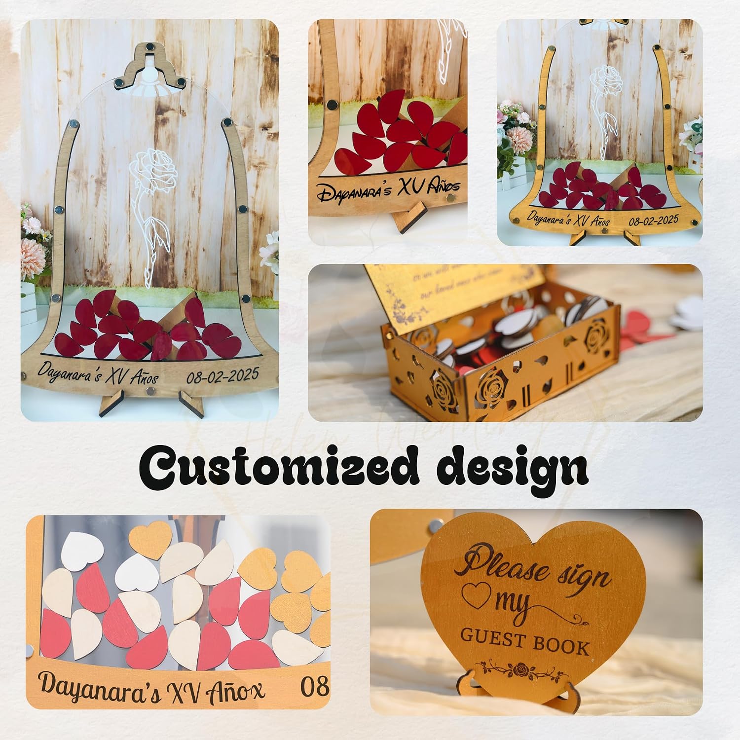 Quinceanera Guest Book Alternative Wooden Heart Drop Box Mis Quince XV | Personalized wooden heart drop box guest book alternative for Sweet 15 XV Anos party, rose fairytale keepsake decor