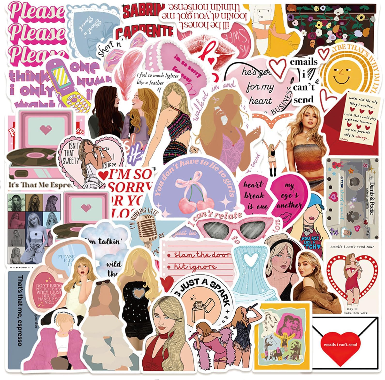 BDSHUNBF 50 Pack Sabrina Stickers, Scrapbook Stickers, Waterproof Stickers, Music Stickers, for Water Bottles, Book, Skateboard, Laptop, Guitar, Suitcase