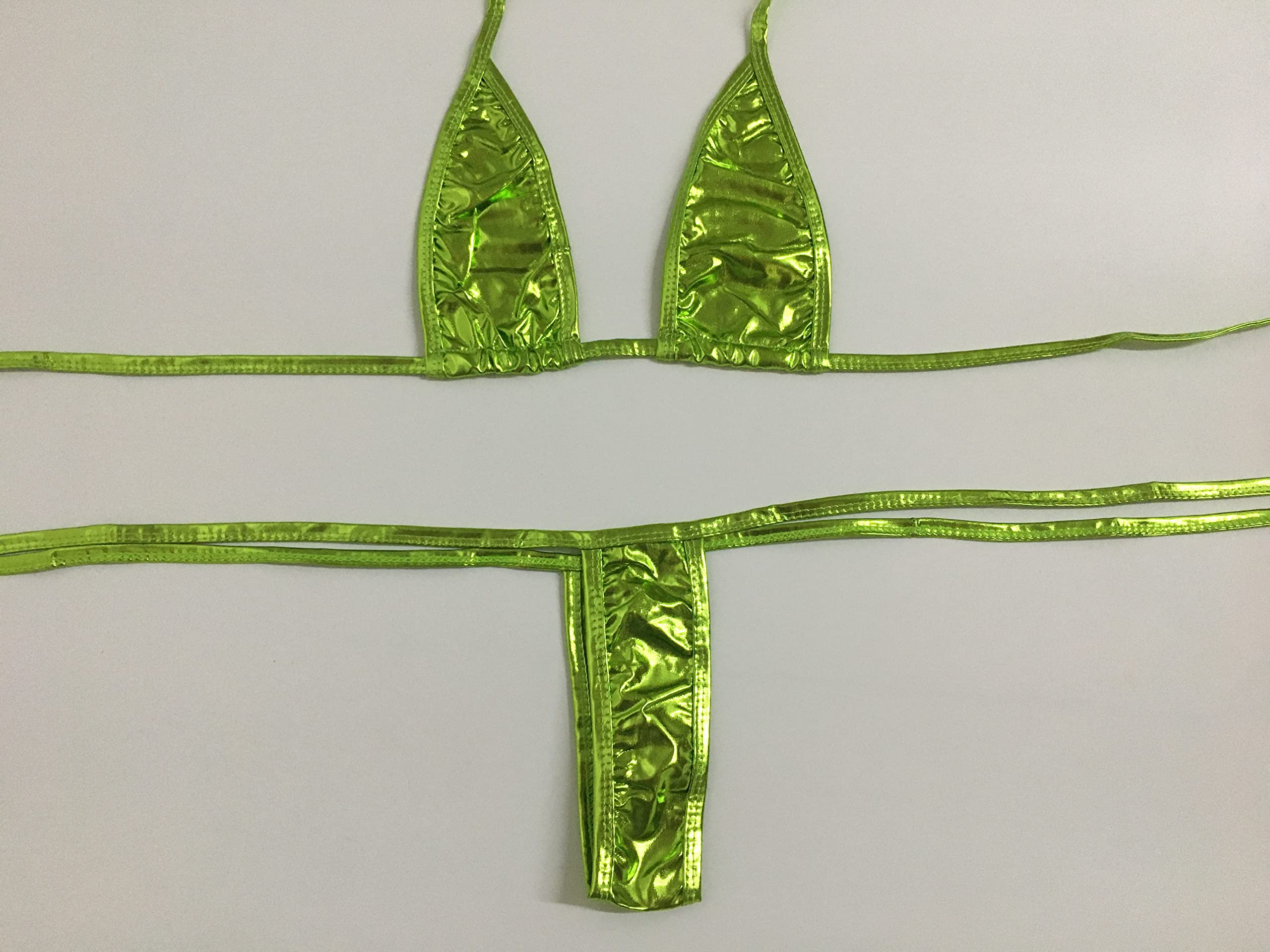 EVAbaby Women’s Halterneck Micro Thong Bikini 2 Piece Swimsuit Mini Tie Side PU Leather Extreme Swimwear Clubwear: One Size Light Green