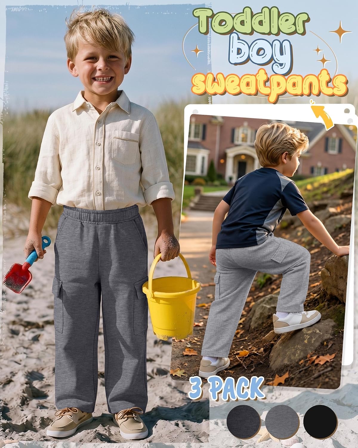 3 Pack Toddler Boy Sweatpants Baby Baggy Cargo Sweat Pants Open Bottom Athletic Pants Wide Leg Joggers with Pockets