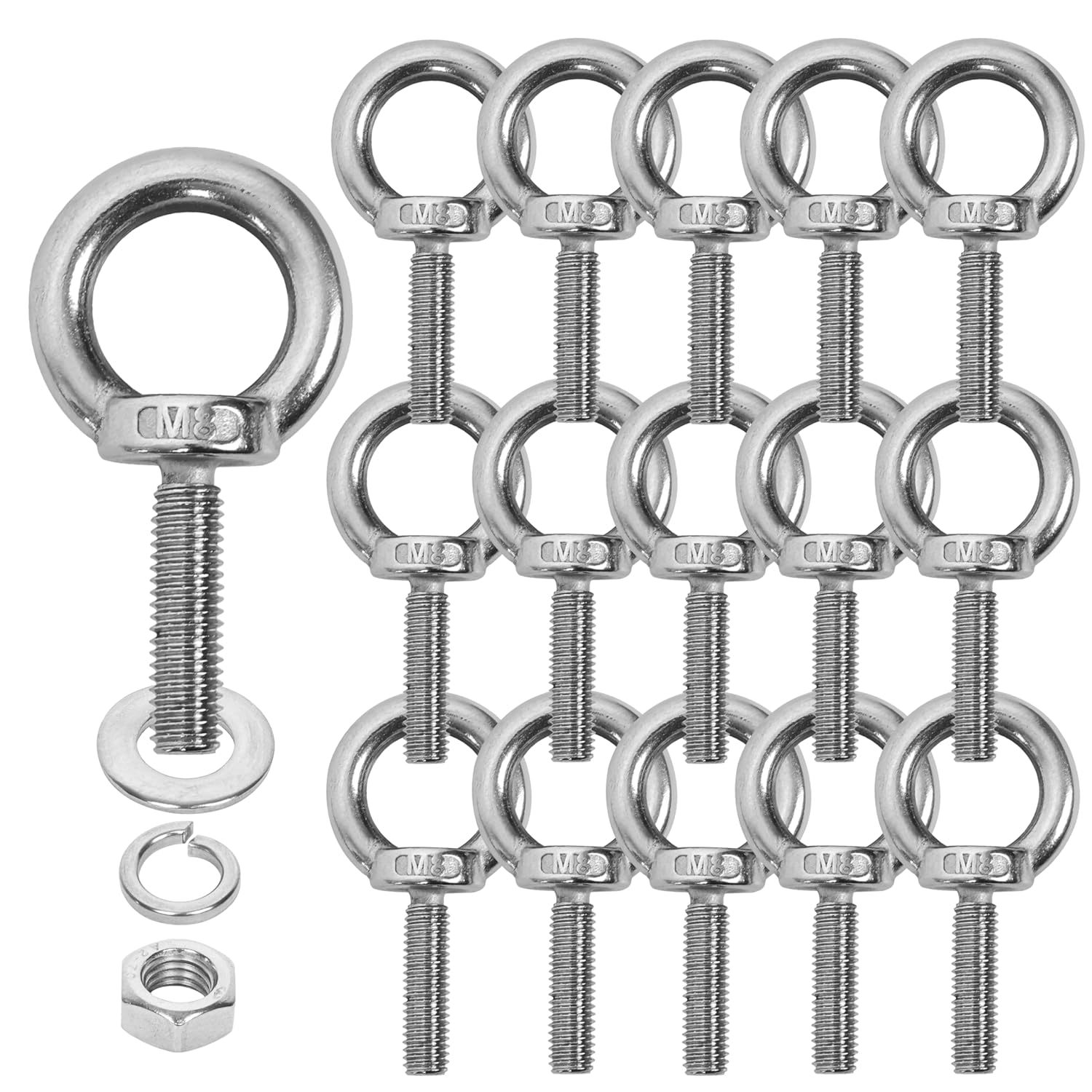 16 Pack M8 Stainless Steel Eye Bolts with Nuts Washers, 1.15"（30mm） Thread Length - Eyebolts for DIY, Furniture, Swing, and Outdoor Use (16, M8 x 30mm)