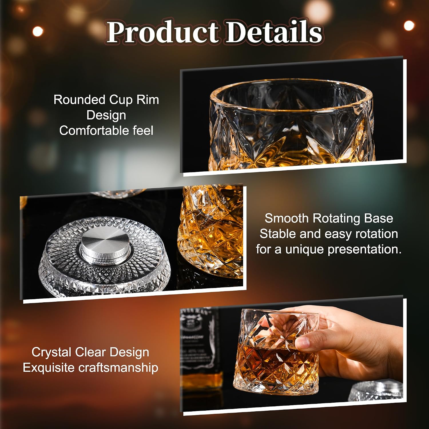 GuGen Spinning Whiskey Glasses, Rotating Old Fashioned Rocks Glasses, 9.5oz Lead-Free Clear Bourbon Scotch Liquor Cocktail Glasses with Ice Ball Molds, Set of 4 for Home Bar Party Whiskey Lovers Gift