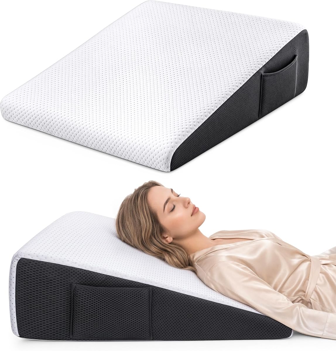 Memory Foam Wedge Pillow, Standard Size (1 Pack) – Elevated Support for Sleeping & Sitting, Helps Acid Reflux & Snoring, Firm Back Support, Anti-Slip Cover with Side Pockets