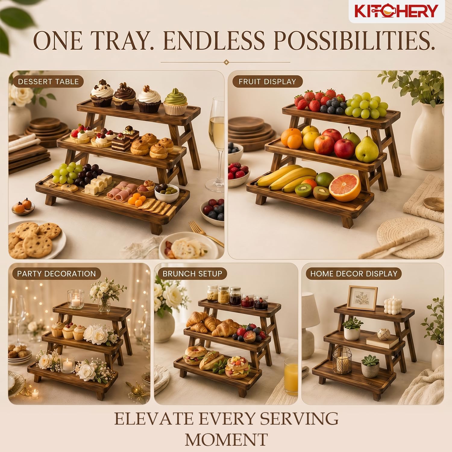 3 Tier Foldable Serving Tray, Acacia Wood Tiered Serving Stand for Parties, Lightweight Wooden Dessert Table Display Set for Charcuterie, Fruit, Cupcakes, Appetizers, Brown