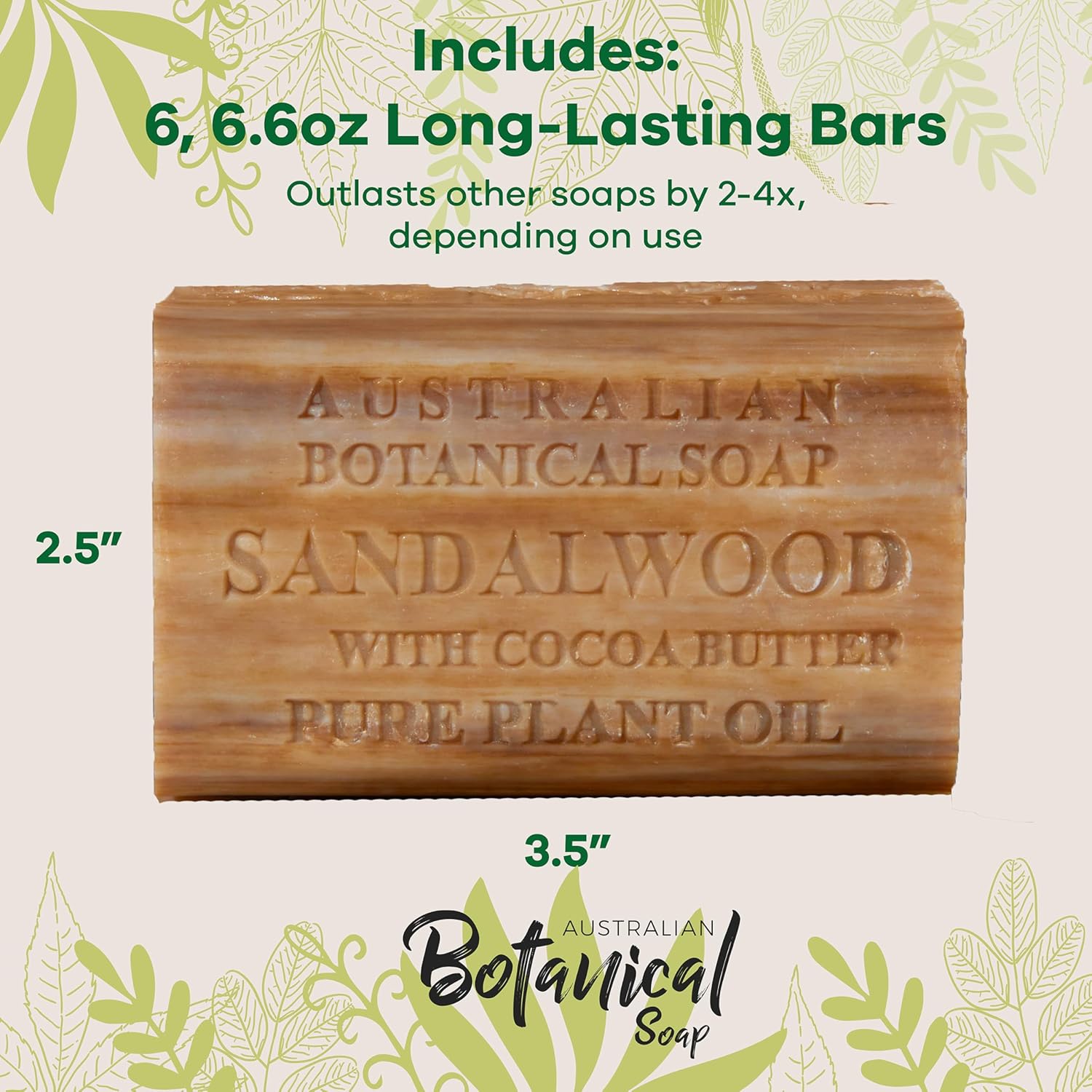Australian Botanical Soap Sandalwood with Cocoa Butter – Triple Milled 6.6 oz Bar Soap with Shea Butter, Face Hand & Body Soap Bars, Pack of 6