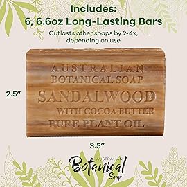 Australian Botanical Soap Sandalwood with Cocoa Butter 6.6 oz Luxury Soap Bars Enriched with Shea Butter, Suitable for Men, Women and All Skin Types, Pack of 6