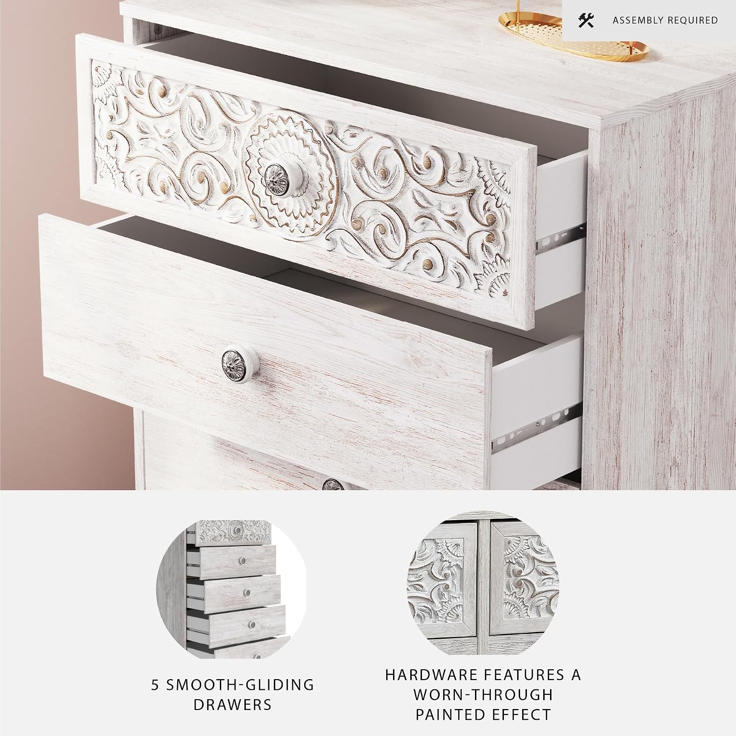 Signature Design by Ashley Paxberry 5 Drawer Chest of Drawers, Whitewash | Boho carved medallion accents, Durable engineered wood construction, Space-saving 5-drawer vertical bedroom storage