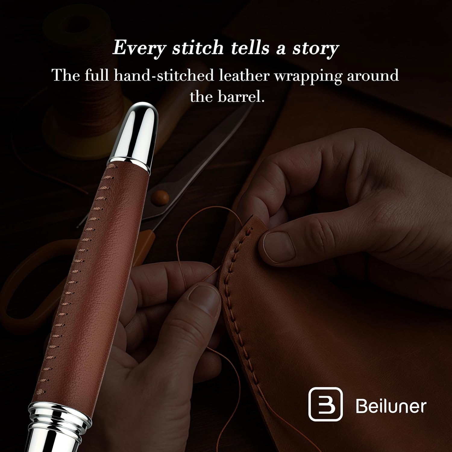 BEILUNER 318 Luxury Leather Pen, Hand-Stitched Premium Leather, Chrome-Plated Finish, Schmidt Ink Refill, Fancy Rollerball Pen Gift Set for Men & Women, Executive Writing, Nice Designer pen - Image 3
