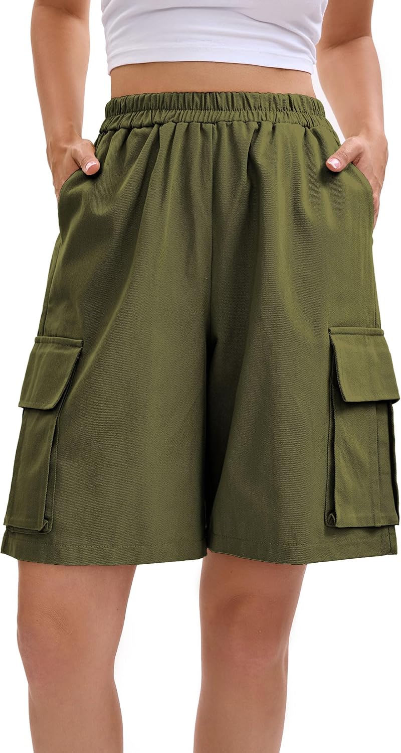 Women's Cargo Shorts Bermuda Shorts 6 Pockets Elastic Waist Knee Length Long Hiking Summer Baggy Casual Shorts - Image 2