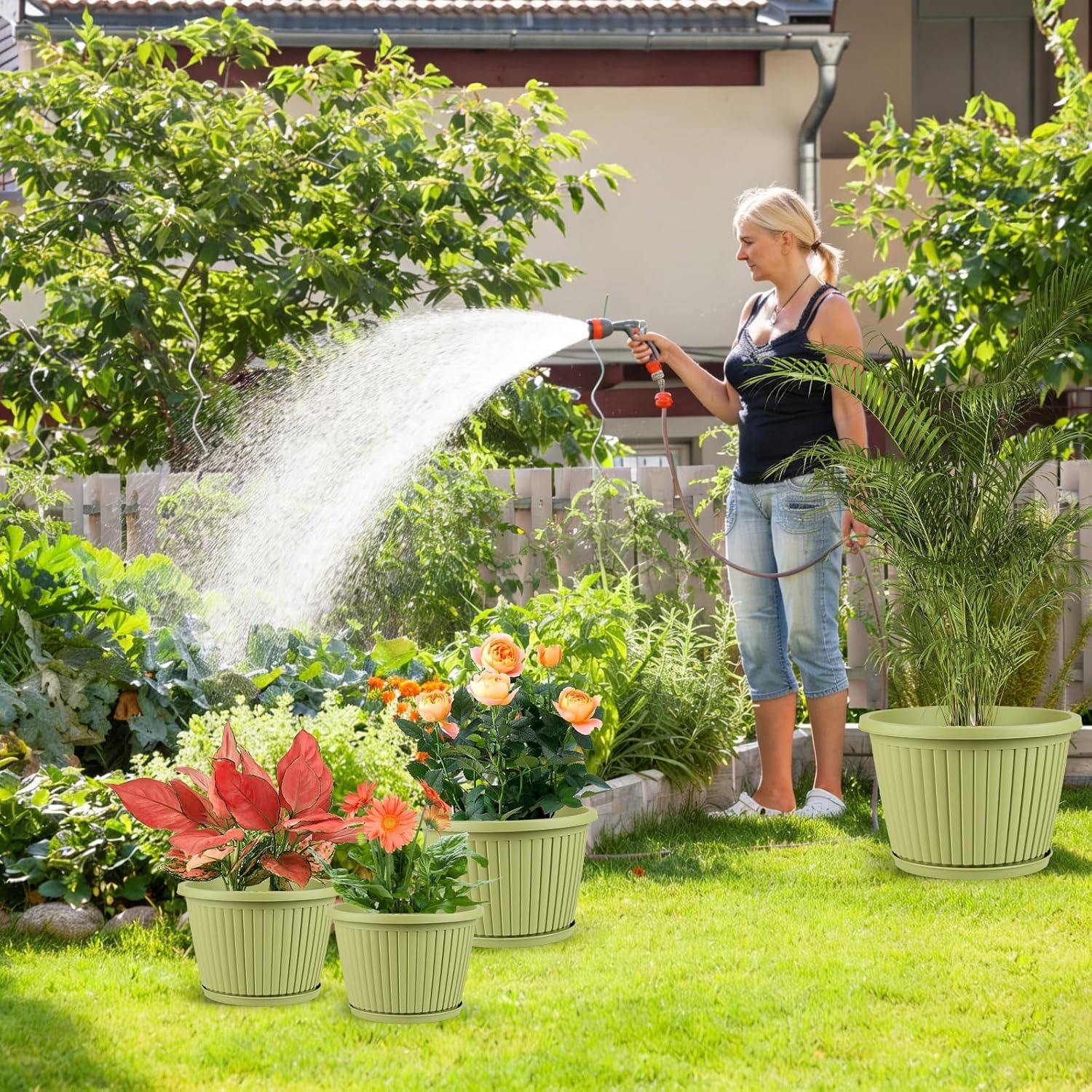 14-inch-Large-Planters-for-Outdoor-Plant，Plastic Indoor Flower Pots with Drainage Holes & Saucer，4 Packs Decorative Garden Pots for Plantfor Home Porch Decor