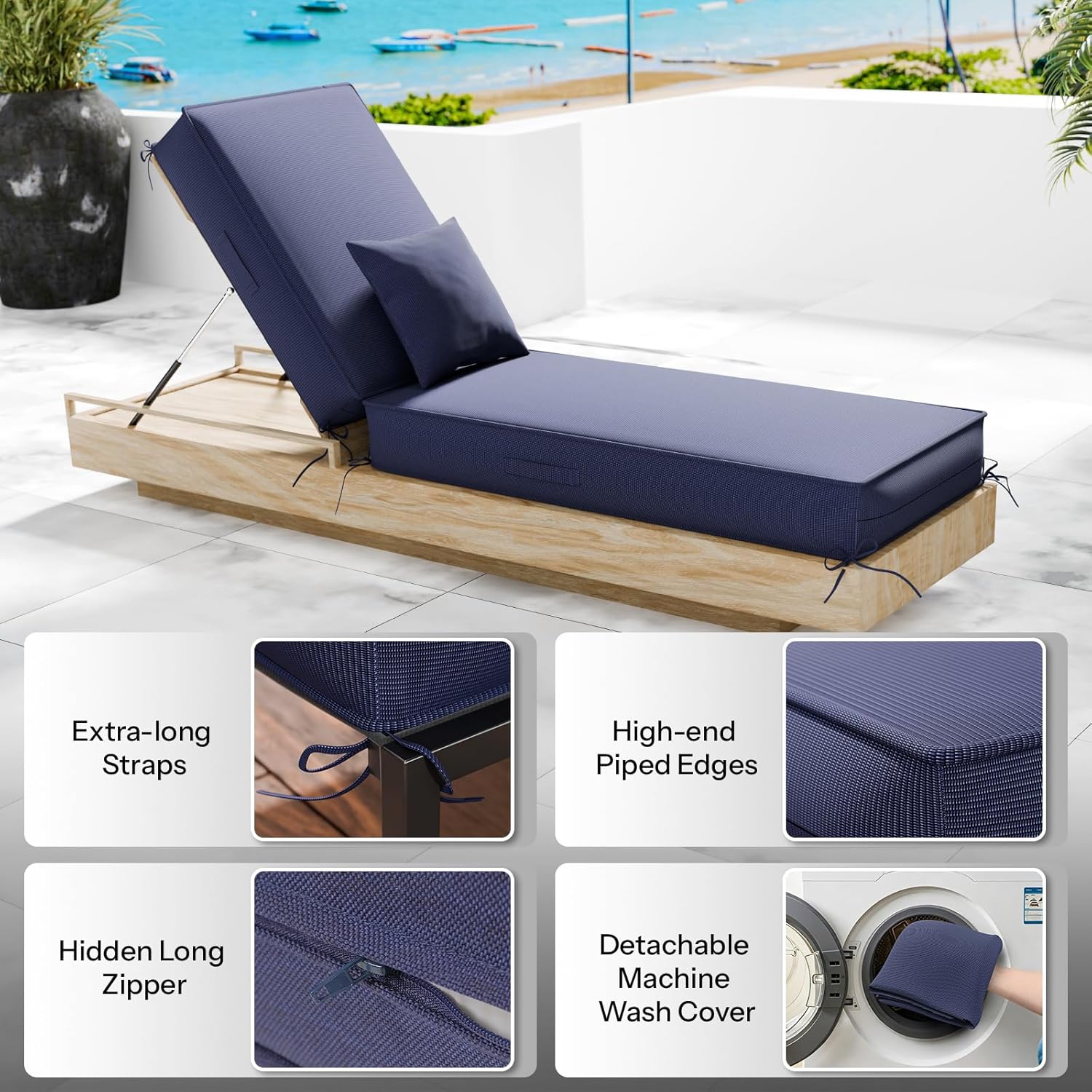 Chaise Lounge Cushions Outdoor Set of 2, 80x26x6 Inch Olefin Waterproof and Fade Resistant Patio Furniture Lounge Chair Cushions with Removable Cover, Lounger Pad with Handle & 16 Straps, Dark Blue