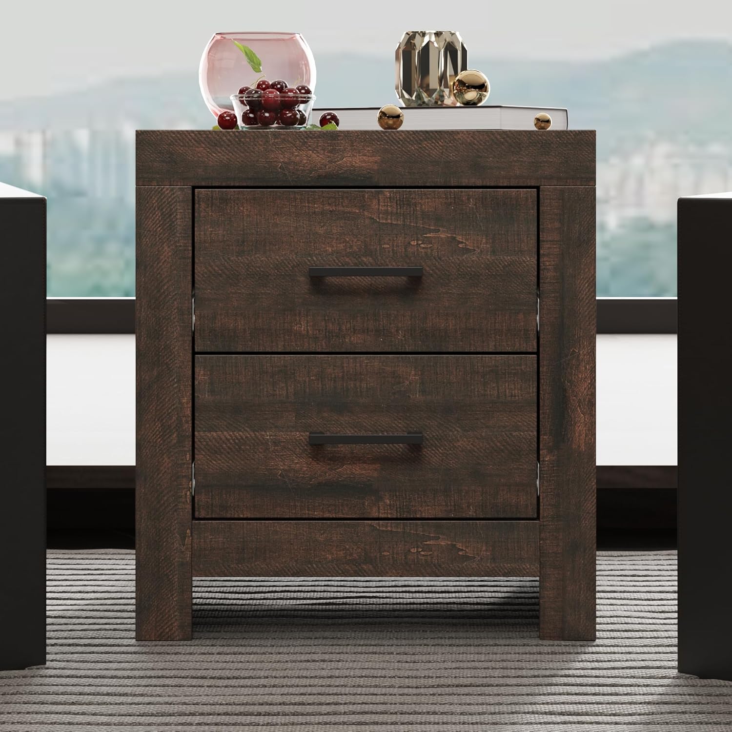 ECACAD Sturdy Nightstand with 2 Drawers, Modern Wooden Night Stand Bedside Table with Wood Grain, Versatile End Sofa Bed Side Table Mini Dresser for Bedroom Living Room, Dark Brown