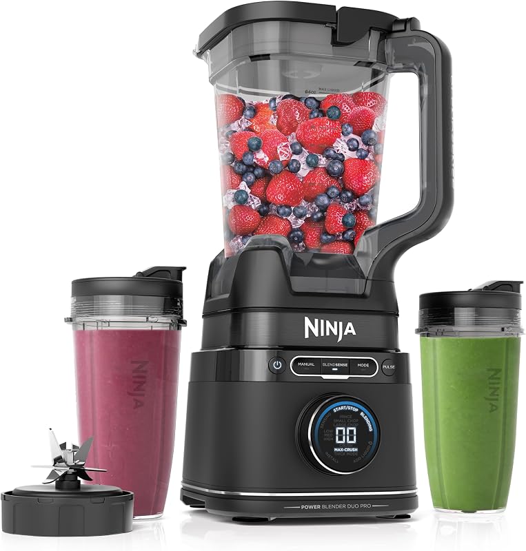 Licuadora Ninja Detect con vasos, BlendSense Tech, 72 oz, 1800PW, negra, TB301 | BlendSense Tech para resultados suaves. Jarra de 72 oz + (2) tazas para llevar de 24 oz con tapas. 1800 vatios máximos, apto para lavavajillas.
