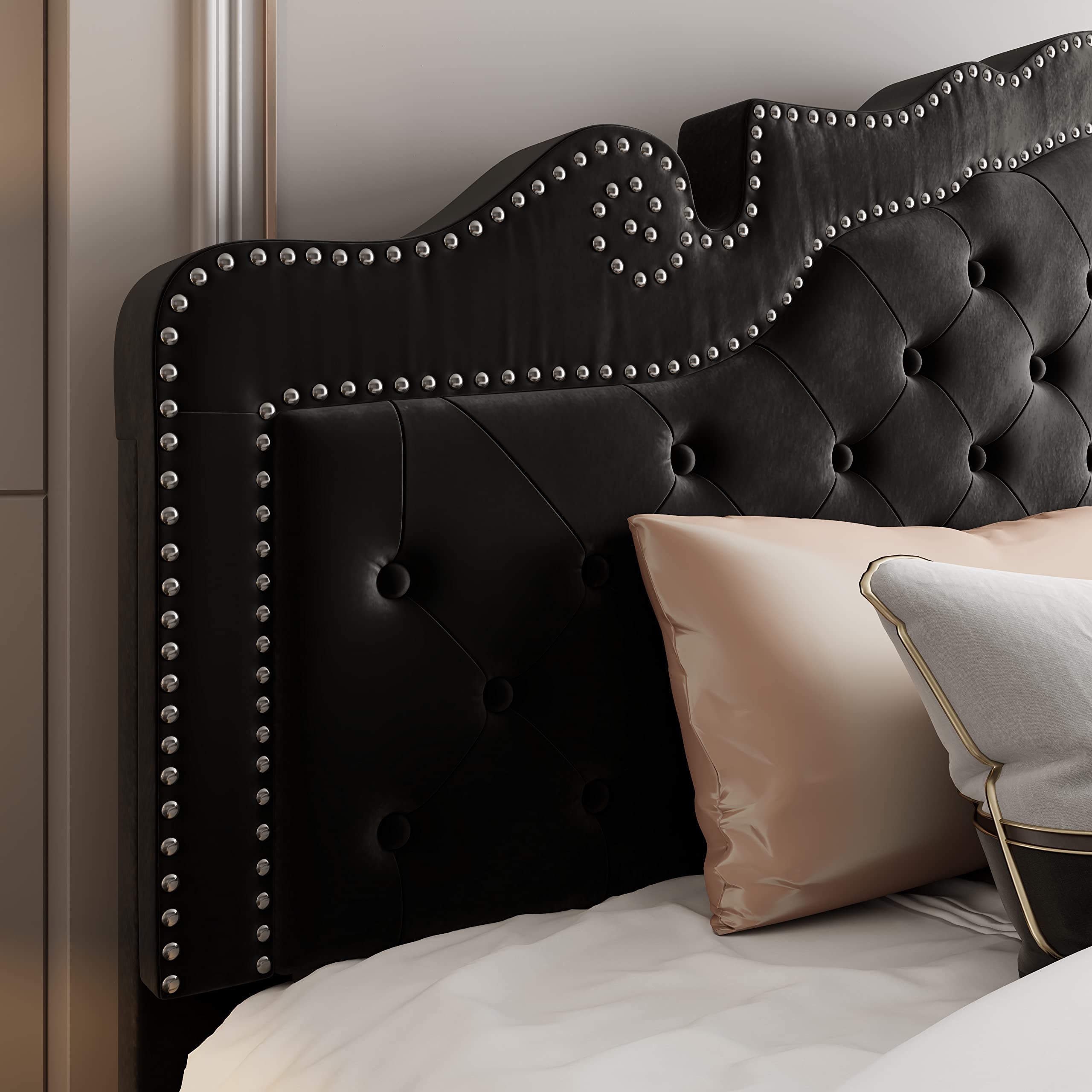 Allewie King Bed Frame with Adjustable Velvet Tiara Headboard, Upholstered Diamond Button Tufted Platform Bed, Wood Slats Support, No Box Spring Needed, Mattress Foundation, Easy Assembly, Black: Black King