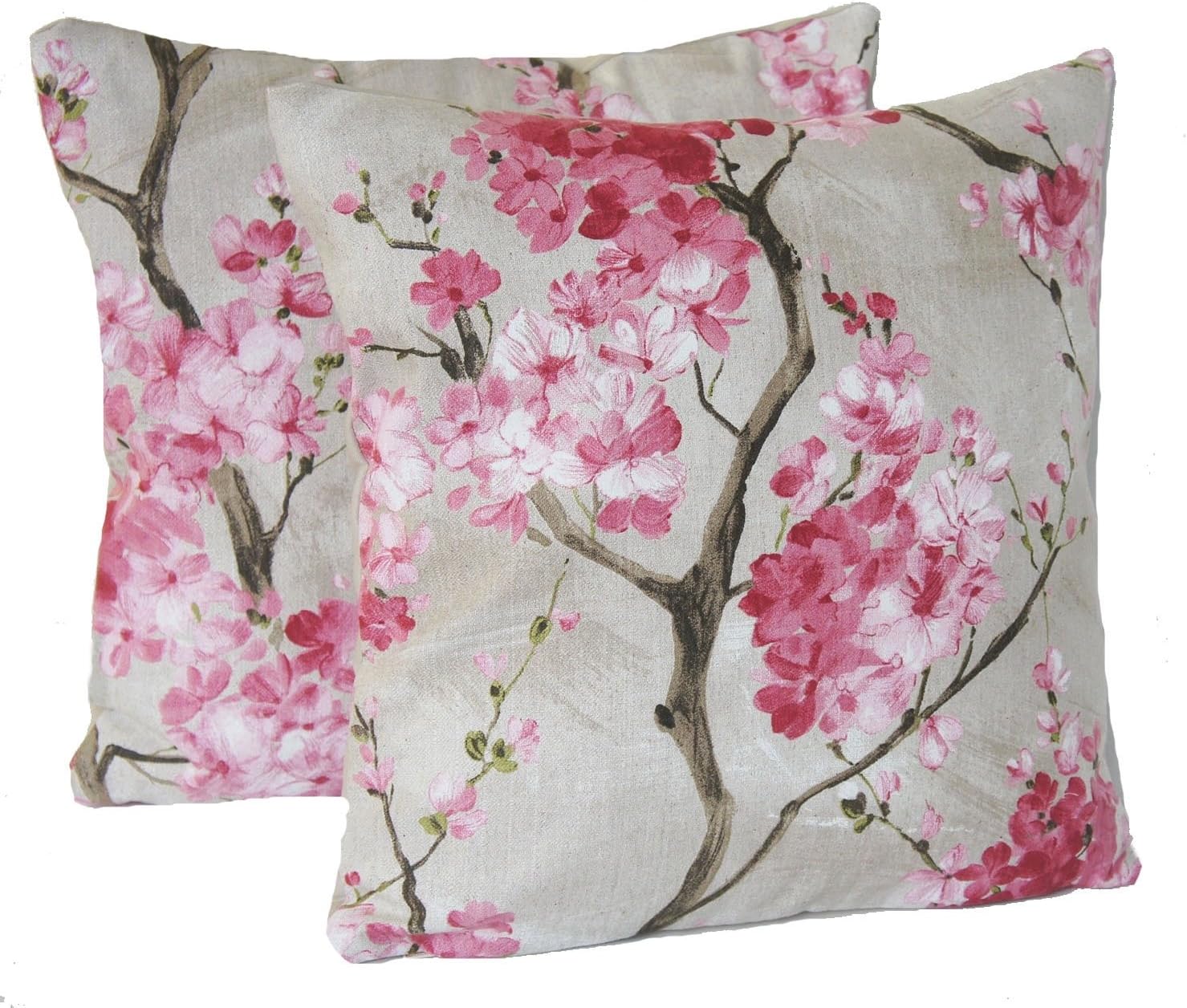 Pair of Decorative Cushion Pillow Cover Designers Fabric Pattern Pink Cherry Blossoms 40 CM x 40 CM