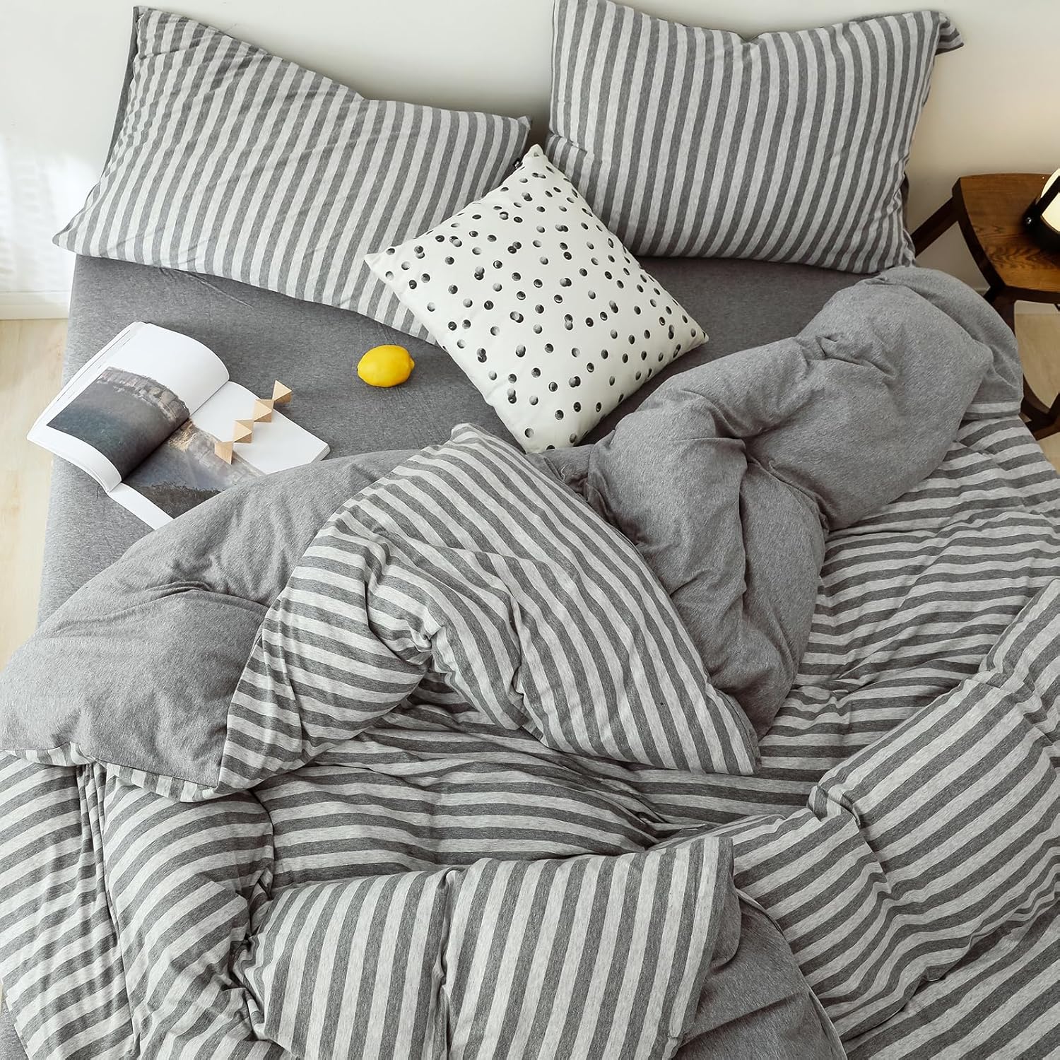 Queen Dark Grey and Light Grey Striped Comforter Set Jersey Knit Cotton Bedding Set, All Season Queen Size Bedding Set 1 Comforter and 2 Pillowcases Soft Comforter for Girls Boy Men Women