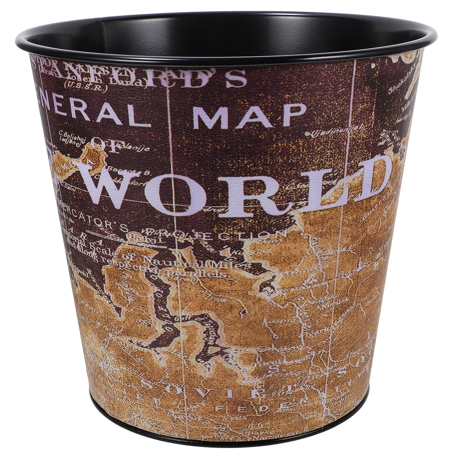 European Style Iron Waste Bucket, Black Map Design, Waterproof Round Trash Can for Bathroom and Living Room, Open Top Iron Desktop Garbage Bin for Home Storage and Organization