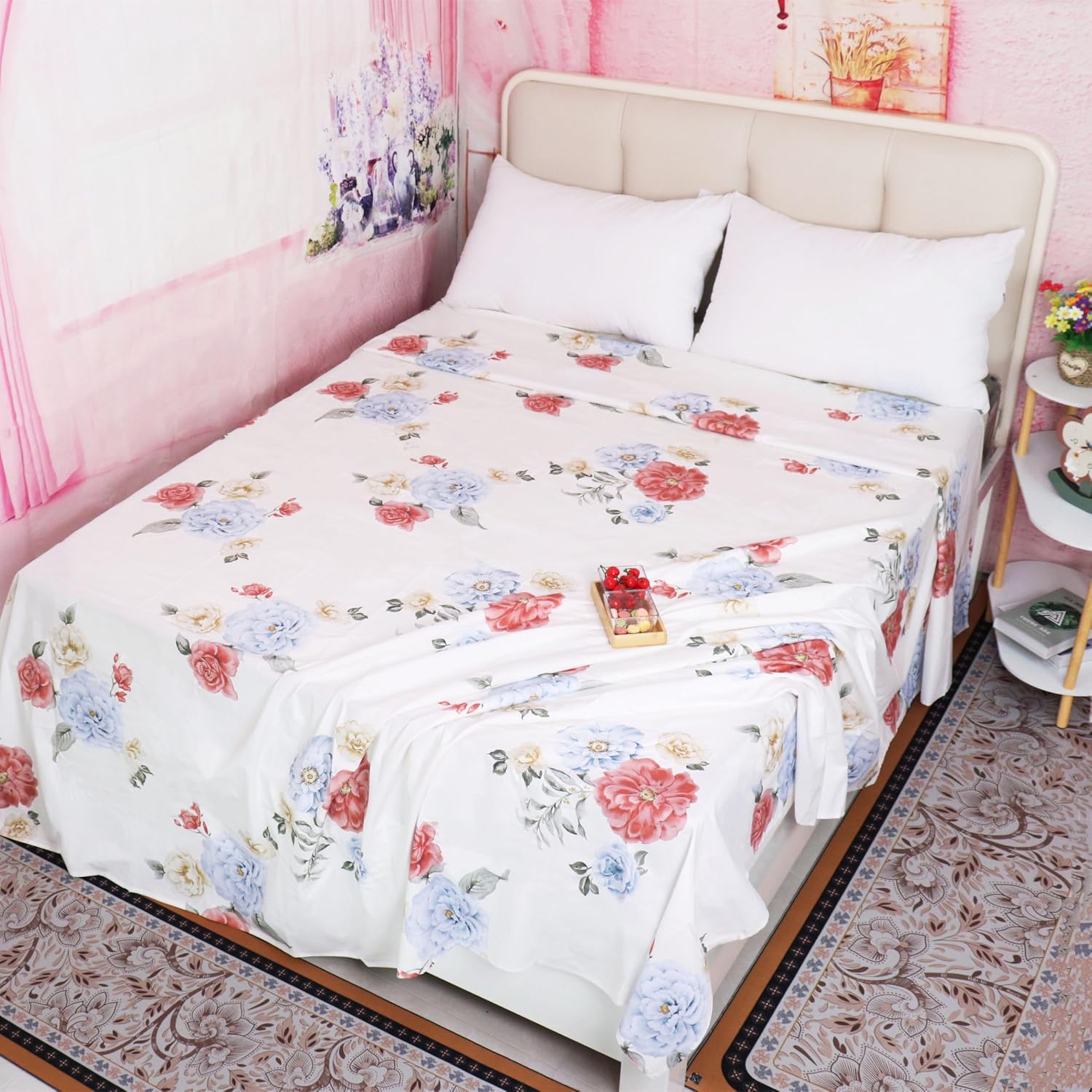 White Flat Sheet Only Queen Size Flower Printed 100 Percent Cotton Top Sheets Premium Hotel Quality Flat Bed Sheets Easy Care