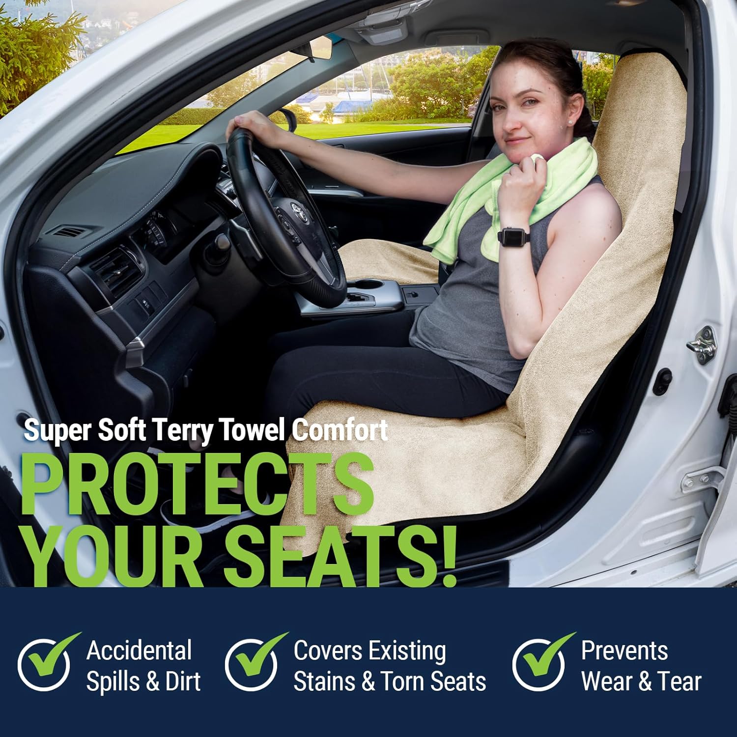 Season Guard Terry Cloth Sweat Towel Seat Cover; Carseat Towel Protector; Great for Gym Workout; Waterproof; Universal Fit for Car SUV Van Truck; EZ fit; Non Slip Grip; Machine Washable; 2pc Tan