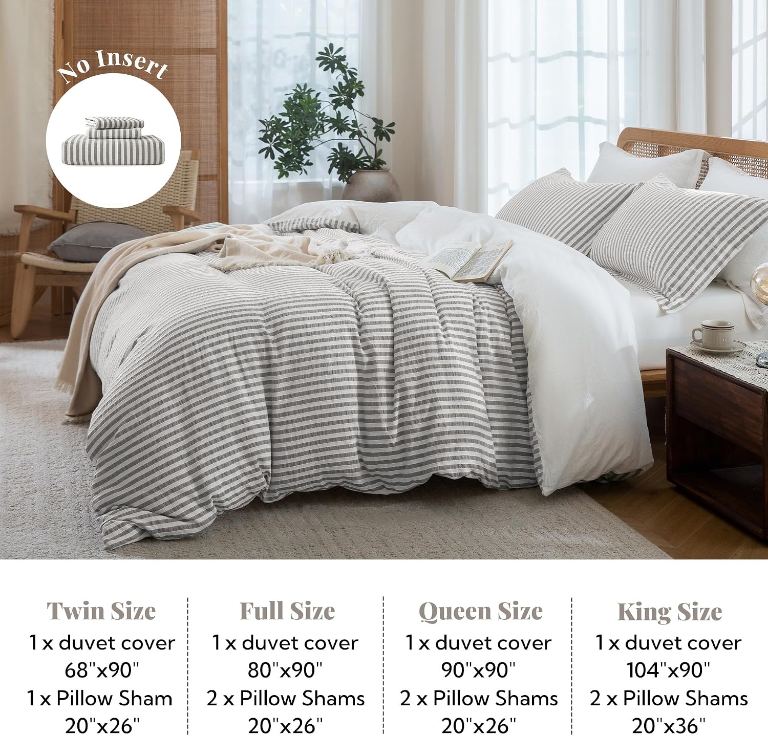 MILDLY Striped Duvet Cover - 100% Washed Cotton Boho Jacquard Textured Comforter Cover Set Set 3pcs with Dual Zipper Closure & 8 Corner Ties Soft & Lightweight for All Season 104"x90"