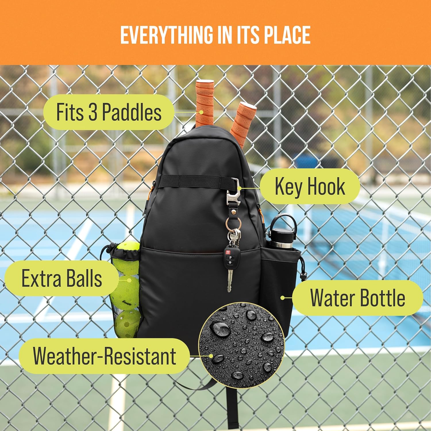 Masaya Compact Pickleball Sling Bag – 18L, Fits 3 Paddles – Lightweight, Durable, Water-Resistant, Minimal Branding, Fence Hook, Water Bottle Holder, Multi-Pocket, Adjustable Strap (Black)