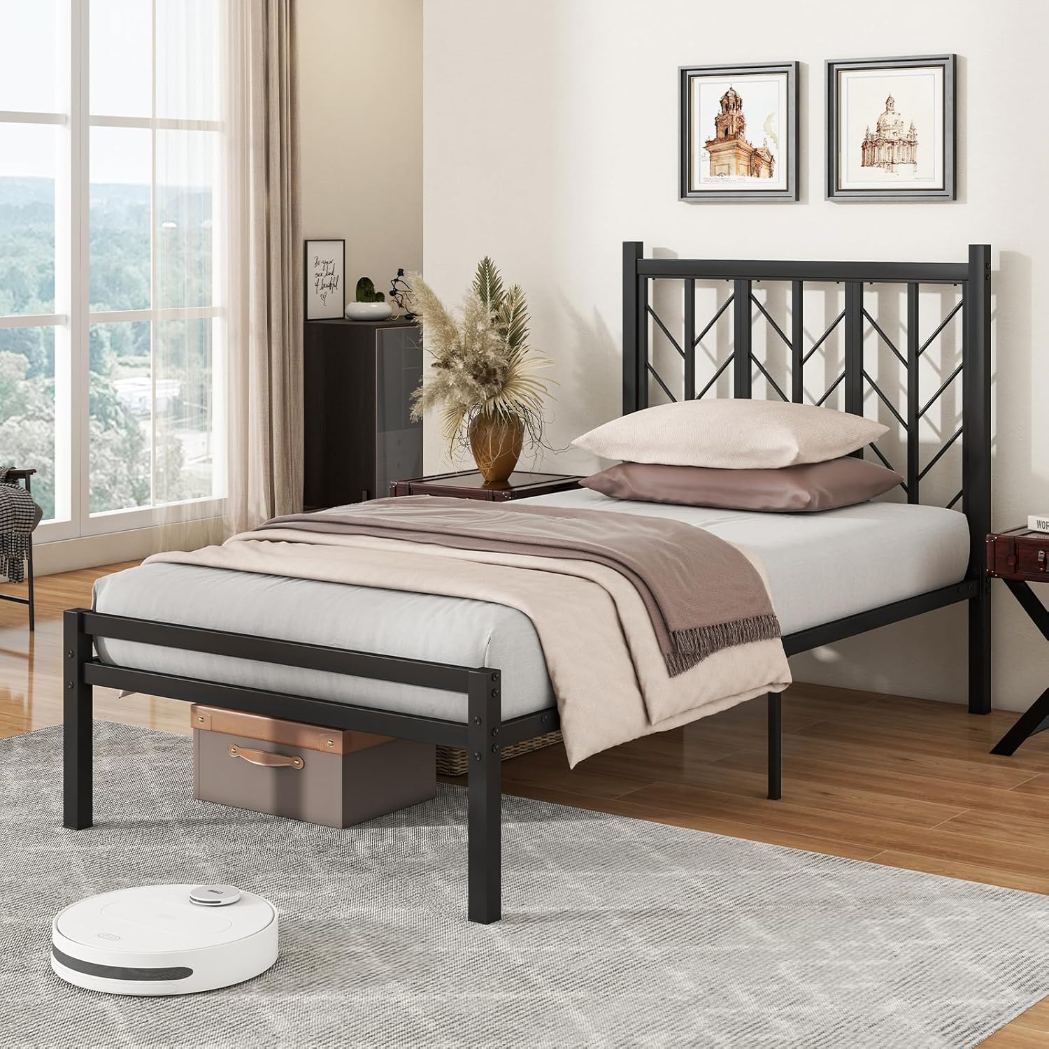 Giantex Twin Bed Frames with Vintage Headboard, 12 Inches Metal Mattress Foundation for Storage, No Box Spring Needed, Easy Assembly, Twin Bed Frames for Kids, Black