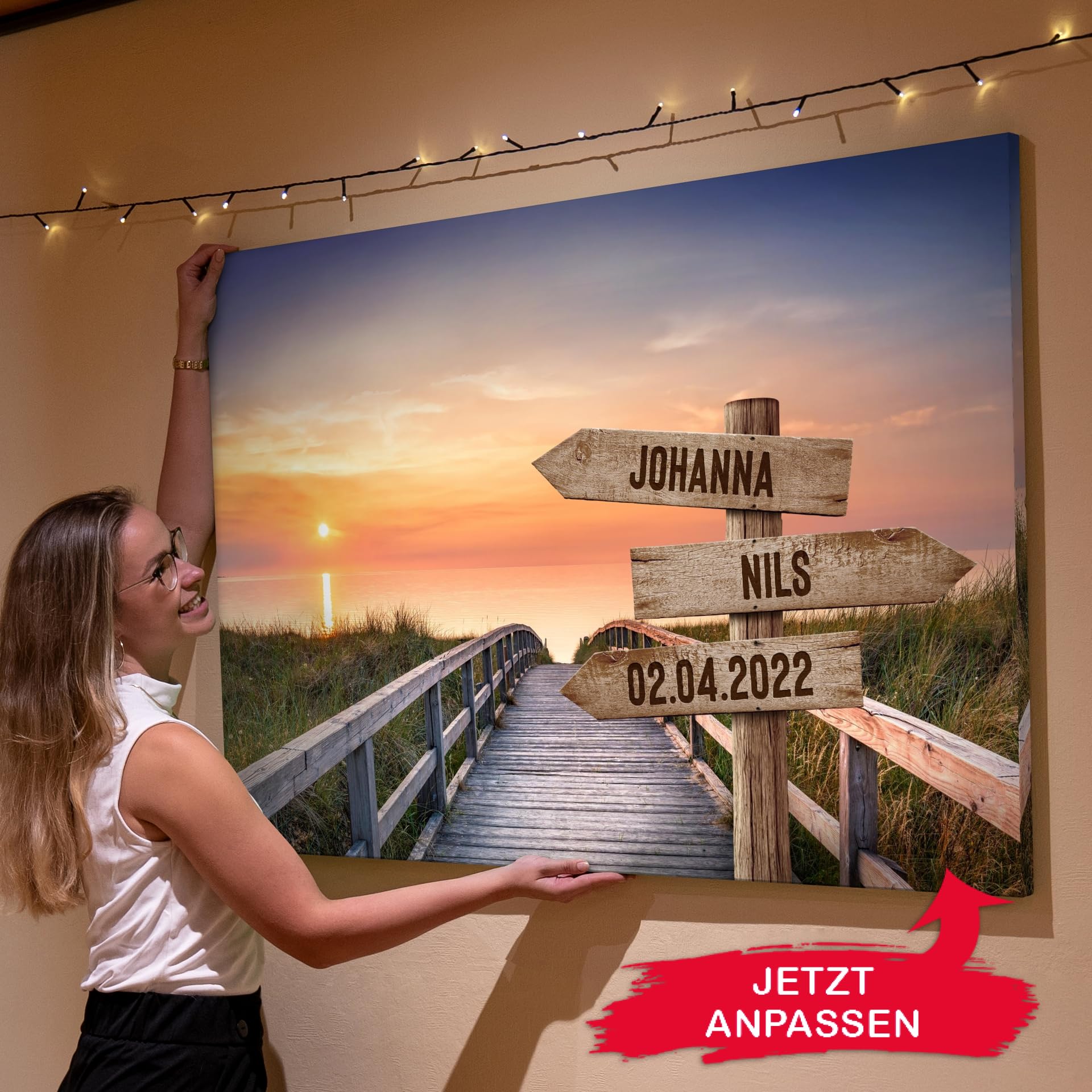 Liebesleinwand Leinwandbild personalisiert | Leinwand gestalten mit Namen und Datum Geschenk für Partner | Romantische Promenade