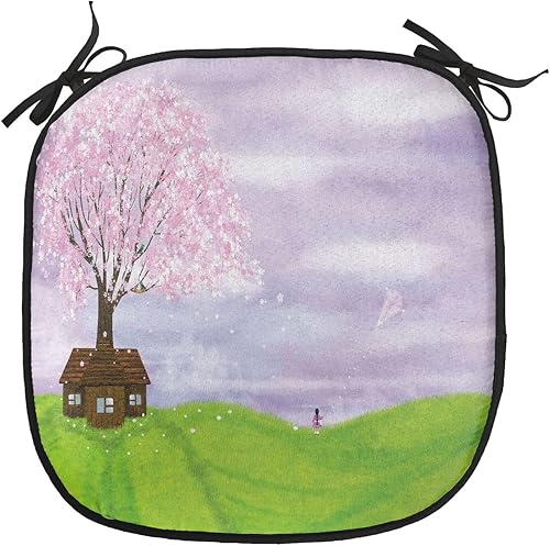 Miniatura 53 de Lunarable Cojín retro para silla, dibujo de chica a la moda en tierra primavera campo margaritas arte, acolchado de asiento para cocina y patio con