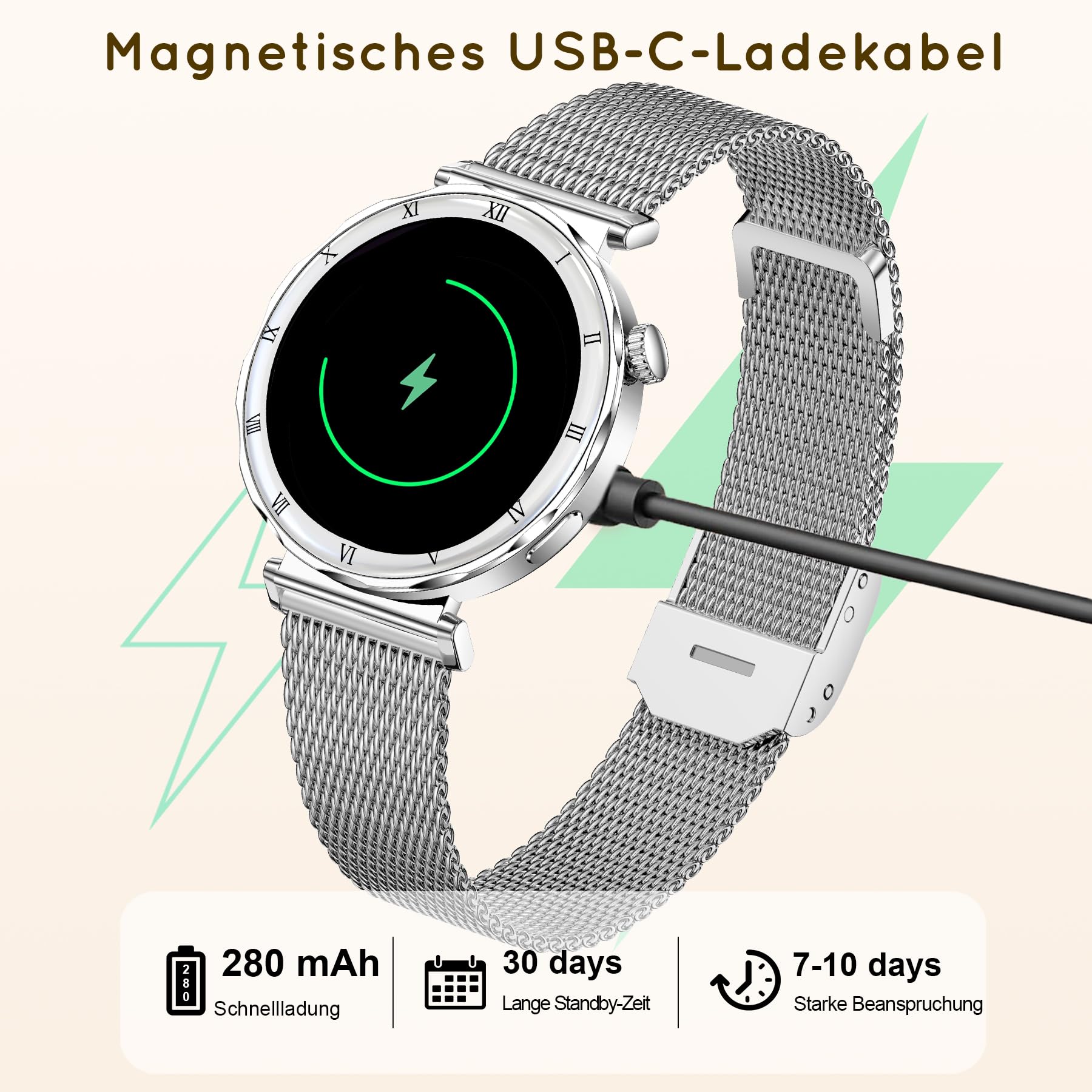 Smartwatch Damen Rund, AMOLED 1,19" Kleine Fitnessuhr mit Telefonfunktion, Schrittzähler, Herzfrequenz SpO2 Schlafmonitoring, 120+ Sportuhr, IP68-Wasserdicht für iOS Android, Silber/Zarte Geschenk