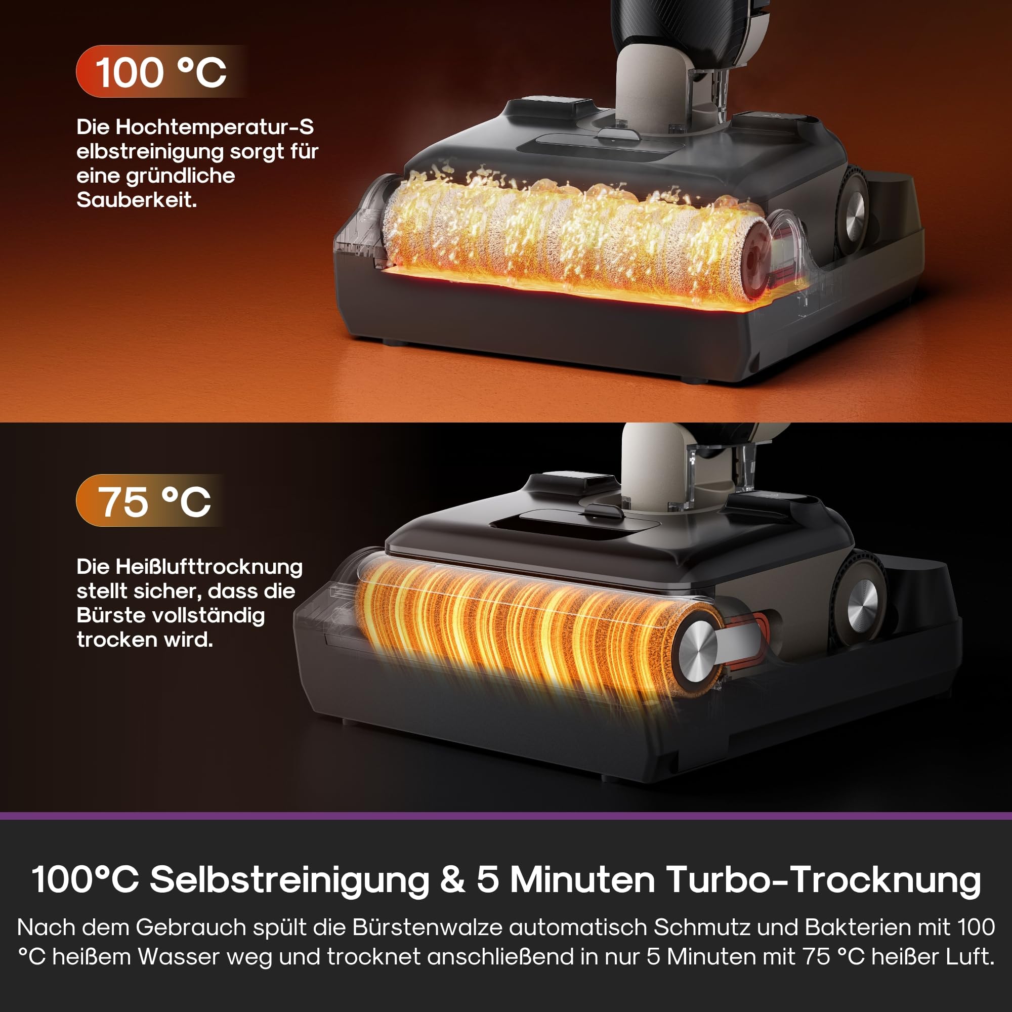 Eureka FloorShine 880 Nass Trockensauger Akku, 24 kPa Kabelloser Staubsauger mit Wischfunktion, 100°C Selbstreinigung, 5-Min-Trocknung, Anti-Tangle, 3-seitig Kantenreinigung, 180° Flach Saugwischer