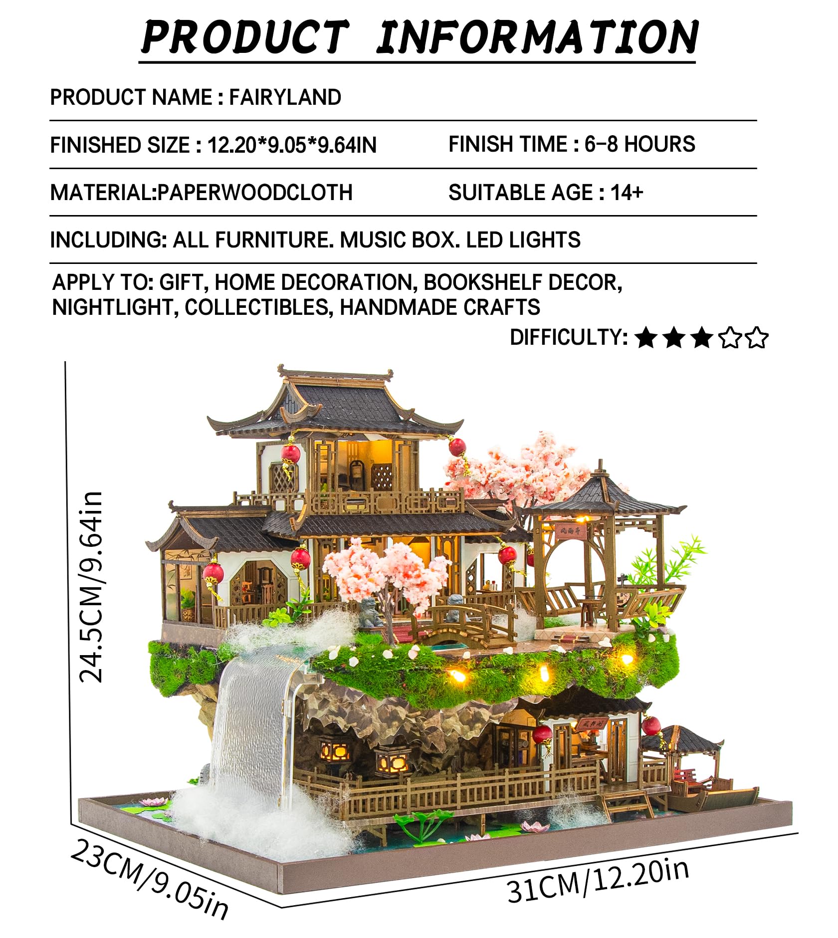 Roroom Miniatur Haus, Sakura Garten Puppenhaus aus Holz | mit warmem LED-Licht und Musikbox, 3D Holzpuzzle Bastelset für Zimmer Deko, kreatives Geschenk für Bastelfans