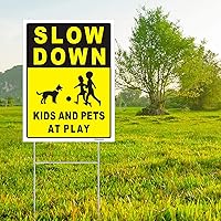 Vista 7 de Letrero de "Slow Down Kids and Pets at Play", letrero de patio de 12 x 9 pulgadas con estaca de metal en H, letrero de catión para niños, letrero