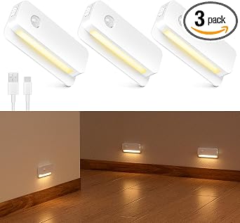 3 Pack Motion Sensor Night Light, Rechargeable Stair Lights Indoor, Warm White Motion Sensor Light Indoor, Battery Operated Night Light for Hallway, Stairway, Bathroom, Bedroom, Kitchen