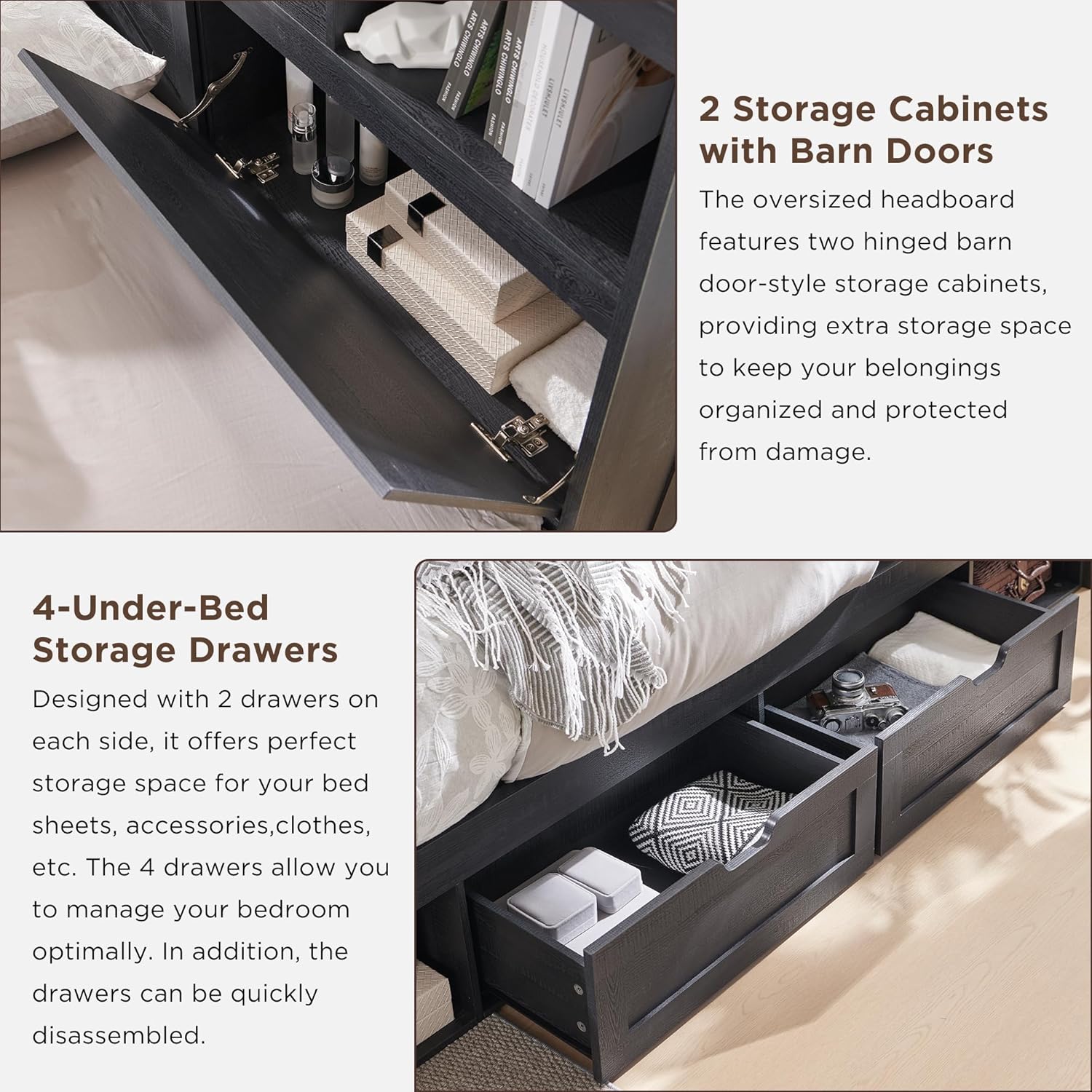 Image showing the headboard's hinged storage cabinets and the under-bed drawers.