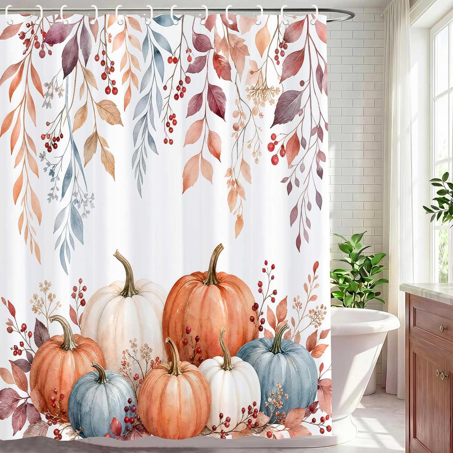 Fall Shower Curtain, Autumn Leaves Pumpkin Bathroom Waterproof Fabric