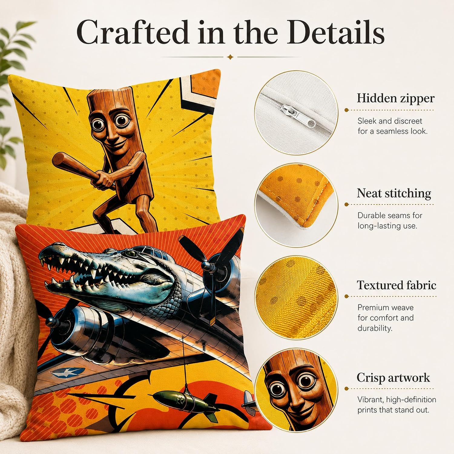 Pop Art Throw Pillow Covers Set of 4, 18x18 Inch Funny Quirky Comic Cushion image 4